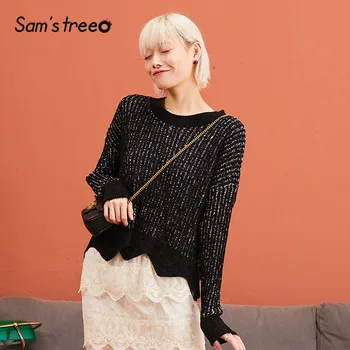 

SAM'S TREE Black Colorblock Korean Style Knitted Pullover Sweater Women 2019 Winter Blue Wave Full Sleeve Lazy Office Lady Tops
