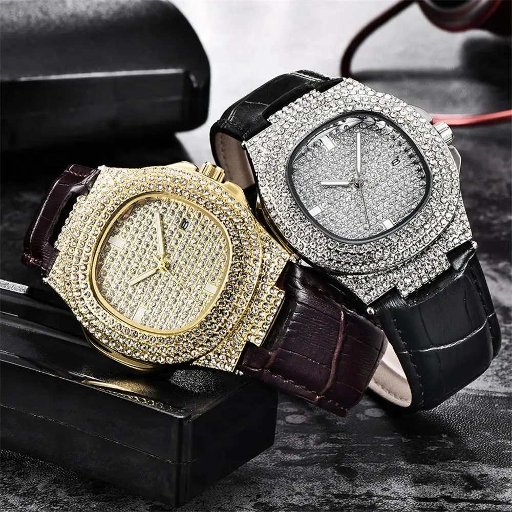 

Mens Watch Fashion Leather Luxury Brand Diamond Quartz Watch