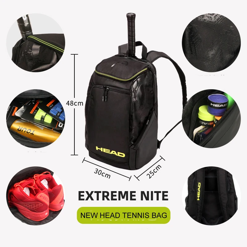 New Arrival HEAD Black Yellow Tennis Backpack Extreme Nite 2 Pack Tenis Squash Racket Bag Men Women Outdoor Gym Sports Backpack