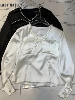 

Pearl neckline fashionable temperament long-sleeved satin shirt ladies spring temperament versatile tops with chest pads