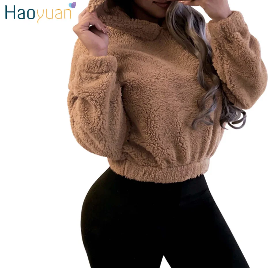HAOYUAN Повседневные Плюшевые толстовки с медведем женские толстовки пуловер с длинными рукавами Осень Зима одежда уличная худи укороченный