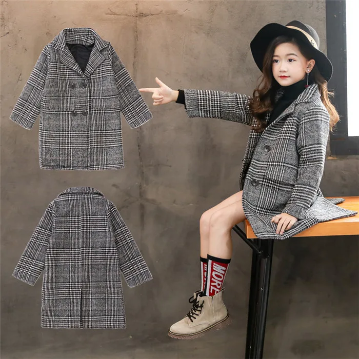 Scsech/Детское пальто для девочек; новое зимнее шерстяное пальто для девочек-подростков; осенняя куртка; теплая Длинная Верхняя одежда; детская серая клетчатая одежда; WJ03 - Цвет: black