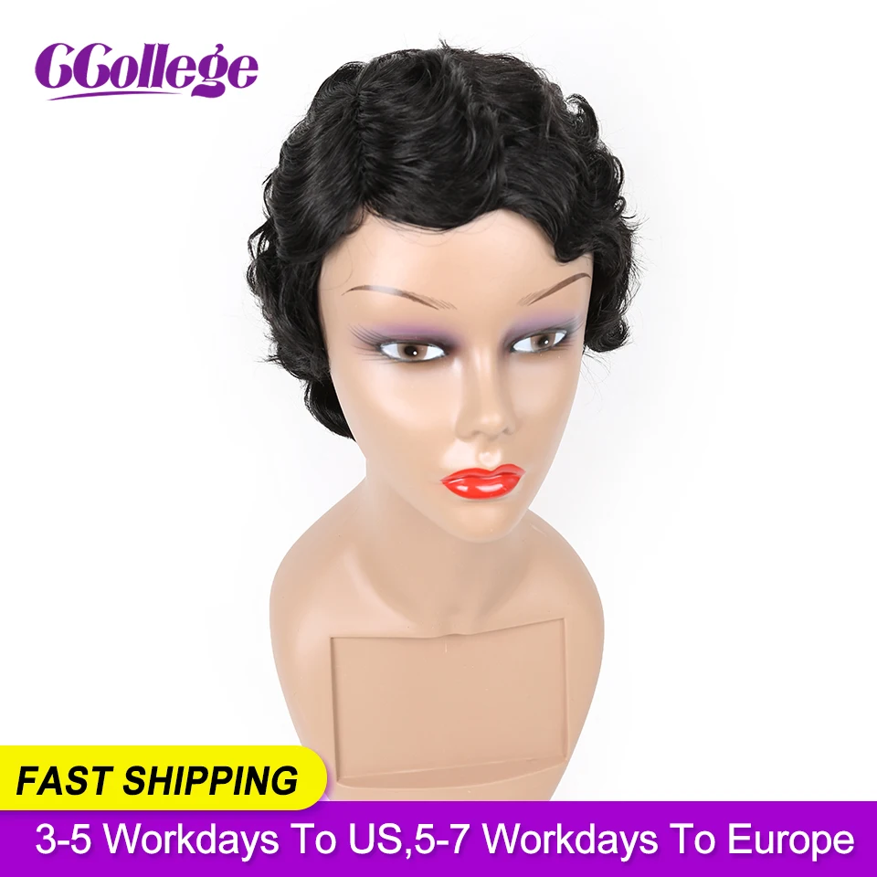 

Pixie Cut Wig Non-Remy Peruvian Hair Bob Wigs For Black Woman Finger wave Wigs Short Human Hair Wigs Color 1B Fast Shipping