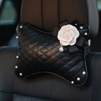 

Camellia Pearl Car Headrest Pillows PU Leather Auto Neck Waist Lumbar Supports For Car Seat Cushion Rest Pillows