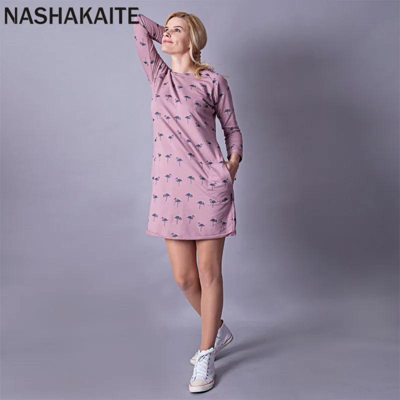 NASHAKAITE/Одежда для мамы и дочки; осень г.; платье с длинными рукавами и принтом Фламинго; платья для мамы и дочки; семейный образ для мамы и дочки