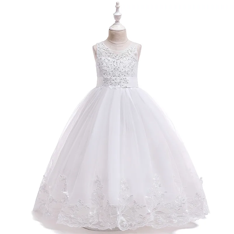 EAZII/Новое высококачественное нежное кружевное длинное платье с аппликацией и хвостом для девочек платье-пачка для девочек-подростков, платье принцессы для свадебной вечеринки для детей 3-14 лет - Цвет: White
