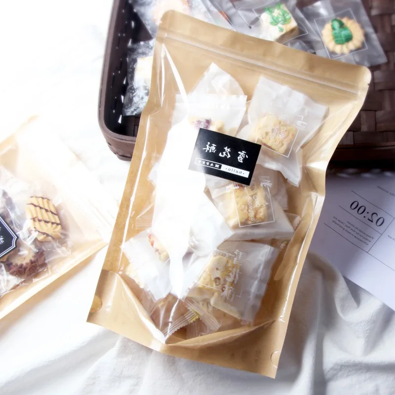 

10cm to 20cm Width Transparent Food Nut Tea Storage Zip Lock Package Bag Clear Front Stand Up Brown Kraft Paper Gift Bags 100pcs