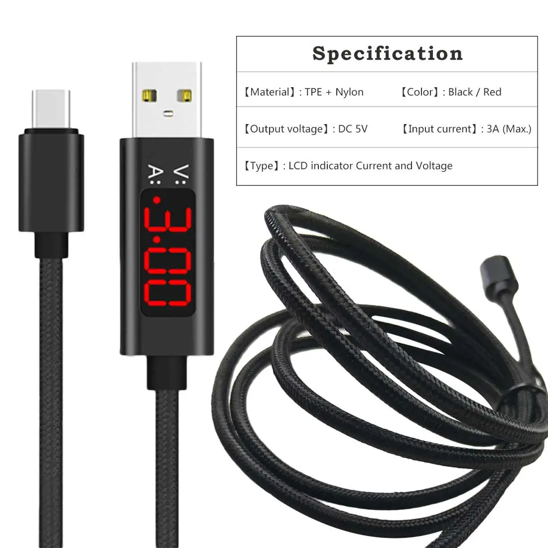3A (макс.) • отображение напряжения и тока USB кабель с нейлоновой оплеткой микро