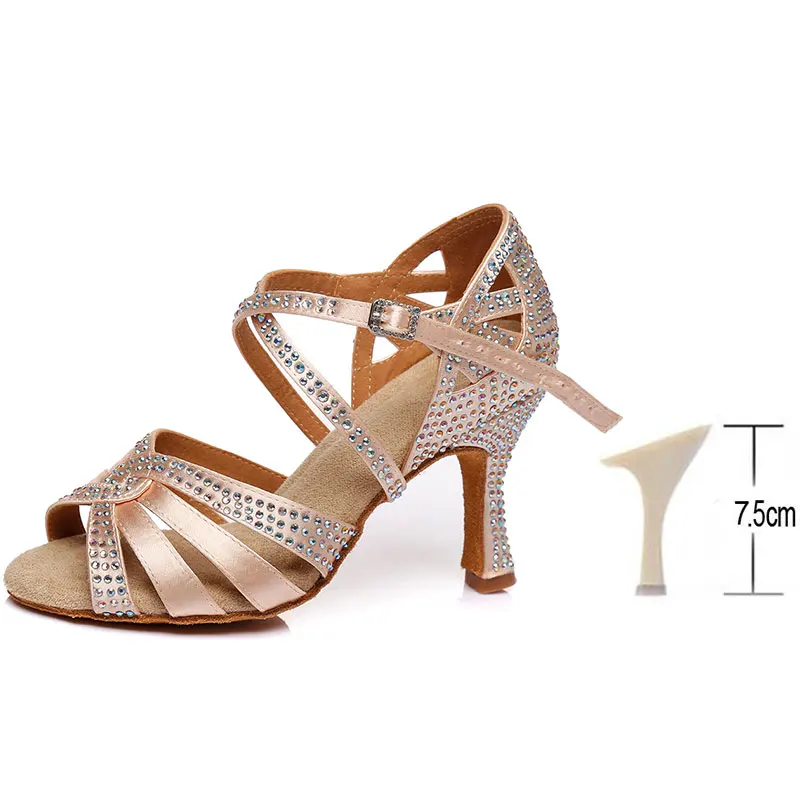 Beige 7.5CM HROYL/Женская обувь для латинских танцев; женские танцевальные сандалии для танго; Сальса; Самба; стразы; пикантные вечерние туфли на каблуке 5/6/7,5/8,5/9/1 - Цвет: Beige 7.5CM