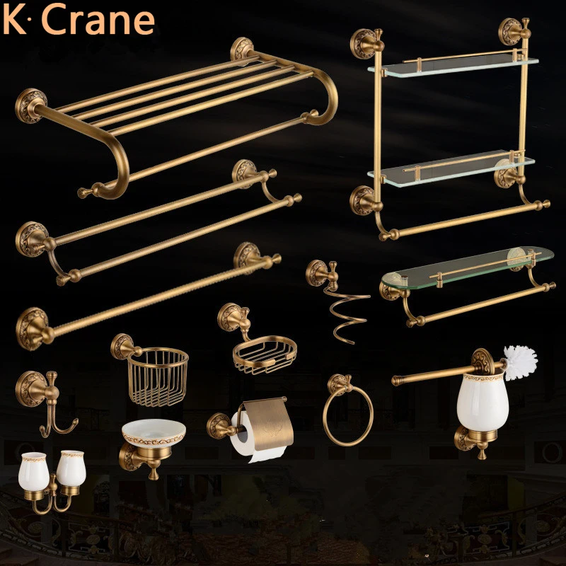 Retro Bathroom Accessories Set Wall Mount Antique Bath Towel Shelf Brass Rope Hook Copper Toothbrush Holder Brass Roll Paper Box