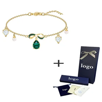 

SWA New Gold Green Water Drop Bow Decorated Crystal Bracelet Elegant Temperament Women's Jewelry Send Lovers Engagement Gift