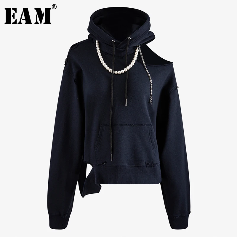 

[EAM] Loose Fit Pearl Split Joint Hollow Out Sweatshirt New Round Neck Long Sleeve Women Big Size Fashion Tide Spring 2020 1N907
