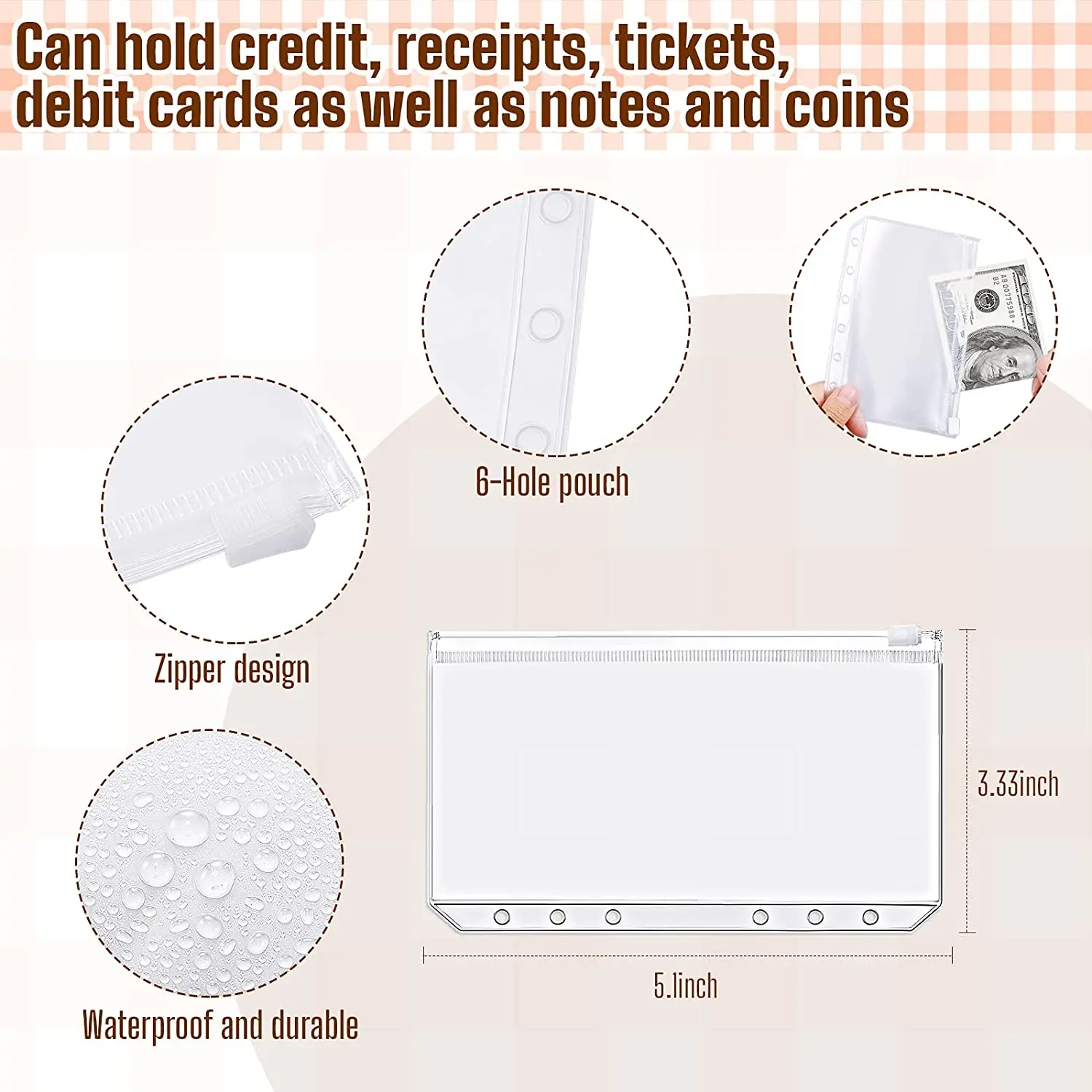 부드러운 PVC 6 링 바인더 커버, 미니 바인더 지퍼 포켓 12 개, 현금 봉투 스티커 2 장, 예산플래너용, A7, 15 개