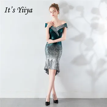 

Off Shoulder Short Prom Dress It's Yiiya DX295 Short Sleeve Sequined Vestidos De Gala Contrast Color Mermaid Prom Dresses 2020