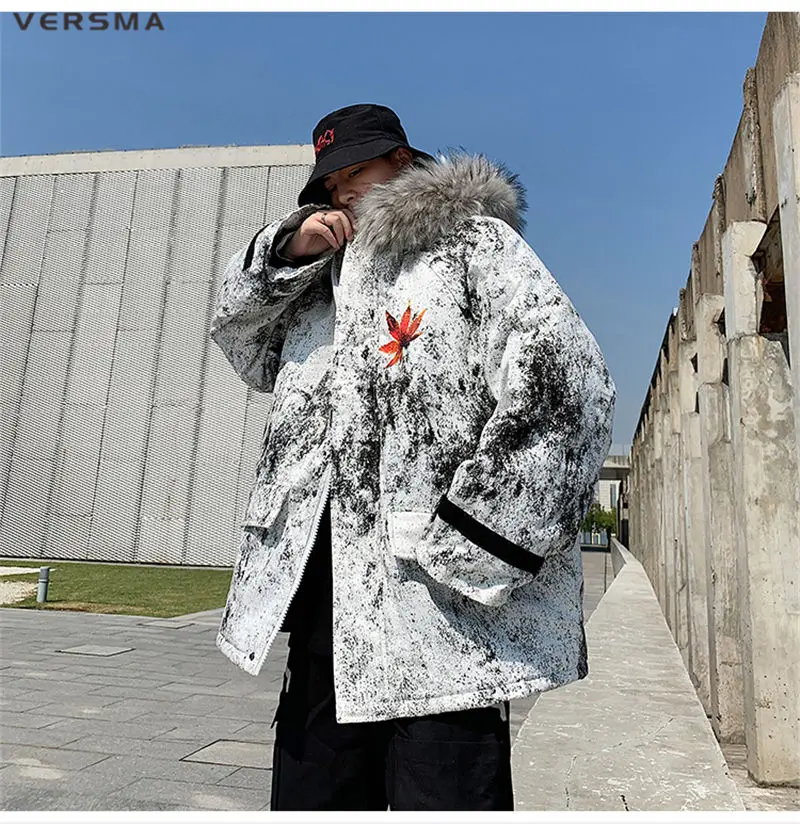 VERSMA, корейский стиль, одежда для мужчин, зимняя теплая куртка, пальто для мужчин, парка с кленовым принтом, для мужчин, с меховым капюшоном, для русской зимы, пальто, мужские парки, 5XL