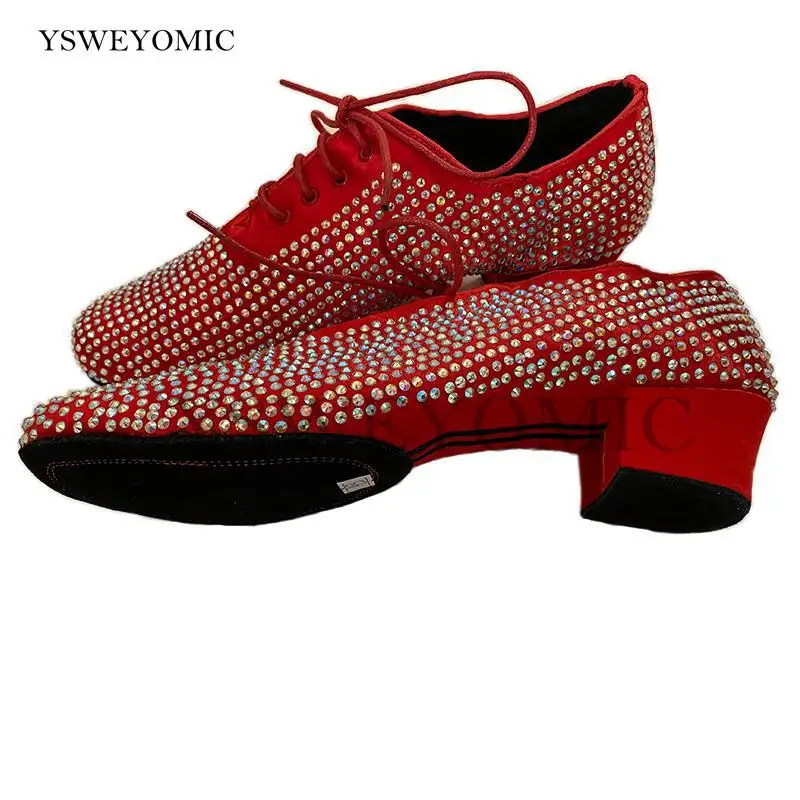 Latin Dance Shoes Men Red Satin Rhinestone Ballroom Latin Salsa