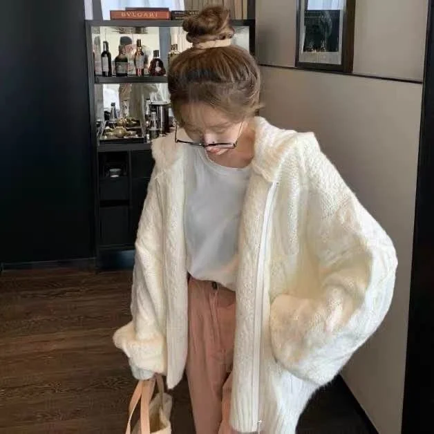Heavy Industry Cable Loose-Fitting Hooded Cardigan Sweater Coat for Women |