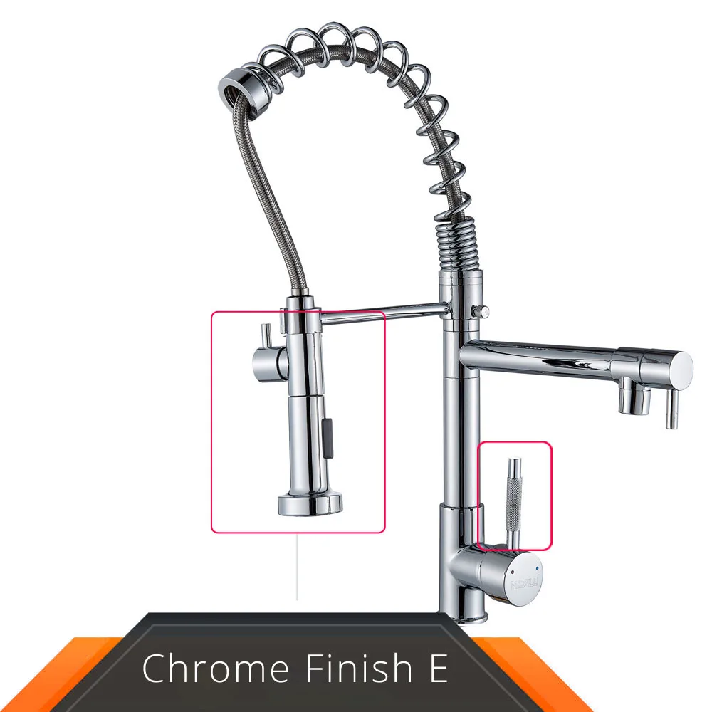 Chrome Весна Тянуть Вниз Смеситель для кухни двойной носики 360 Поворотный ручной душ смеситель для кухни кран горячая холодная 2 Outlet, весна краны - Цвет: Frosted knob Chrome
