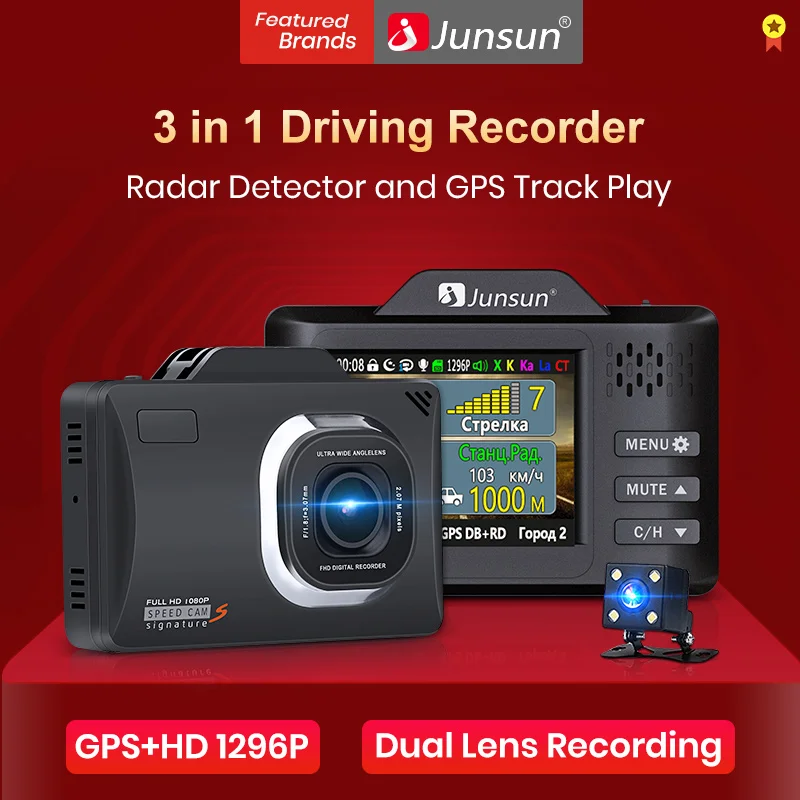 Junsun 2020 Новый 3 в 1 Автомобильный видеорегистратор Full HD 1296P радар камера GPS трекер LDWS