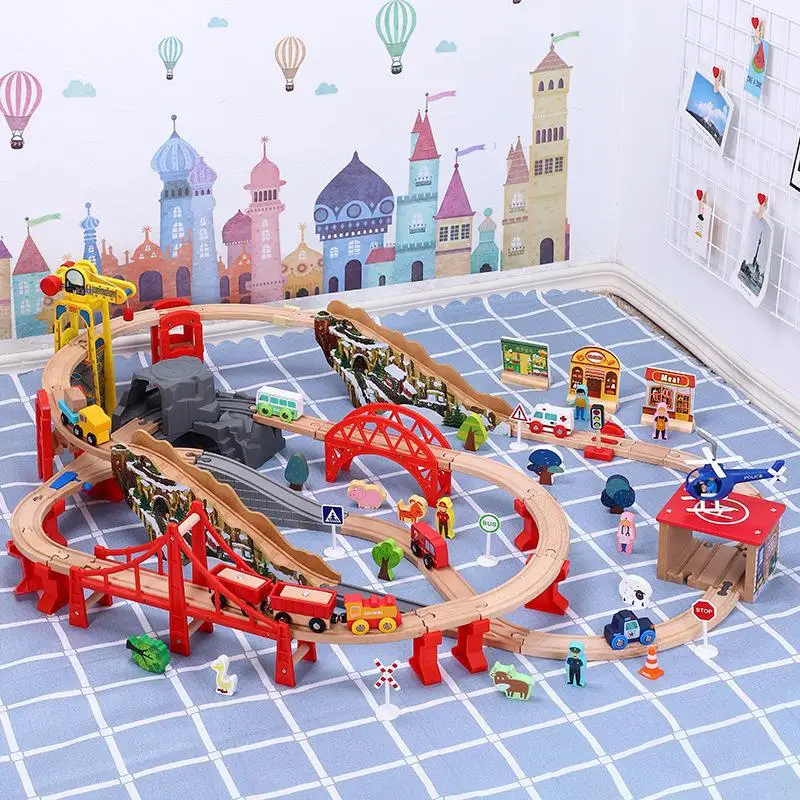 

Wooden Railway Train Wooden Small Train Track Parking Apron Helicopter Suit Compatible Gift Toys For Children