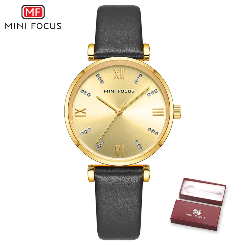 gold Бренд MINI FOCUS, повседневные женские часы, модные белые ЖЕНСКИЕ НАРЯДНЫЕ часы, кожаные кварцевые часы, женские часы - Цвет: gold