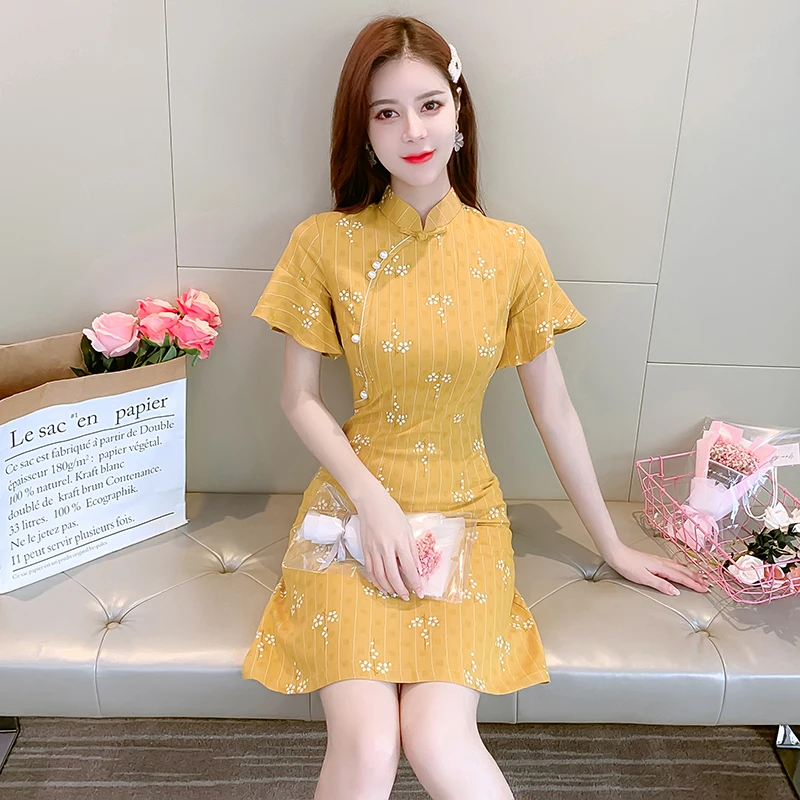 Women Korean Dress Fashion One Piece Summer 21 New Casual Print Short Sleeve Chiffon Puff Sleeve High Waist Stand Neck Dresses Dresses Aliexpress