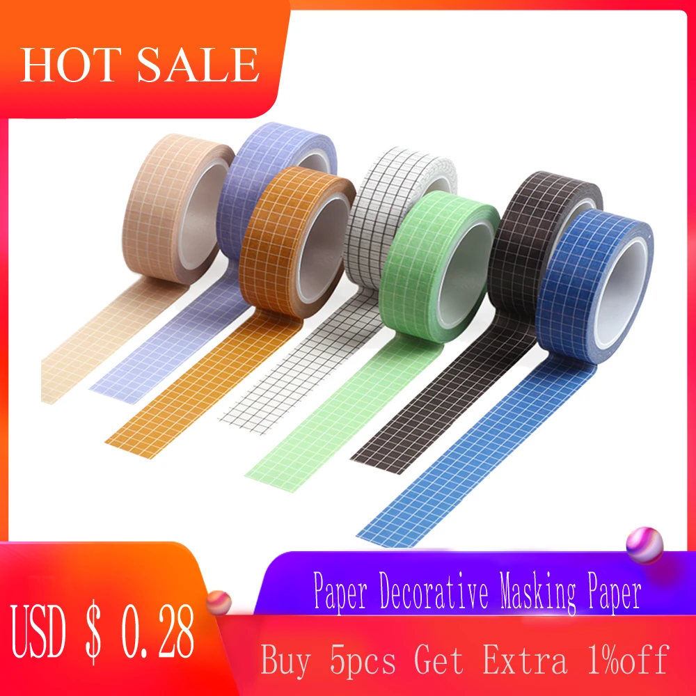 cheap 1 pcs 15mm times;10m Grid Printed Pattern Pure Color Washi Tape Sticky Adhesive Paper Decorative Masking Paper Tape