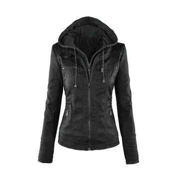 

Hooded Casual Faux Leather Jackets Women Biker Jacket Black Pu Motor Coat White