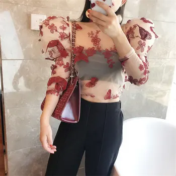 

HziriP Embroidery Flowers Stylish Office Lady Sexy Basic Blouses 2020 High Street Chic Vintage Retro High Waist Sweet Shirts