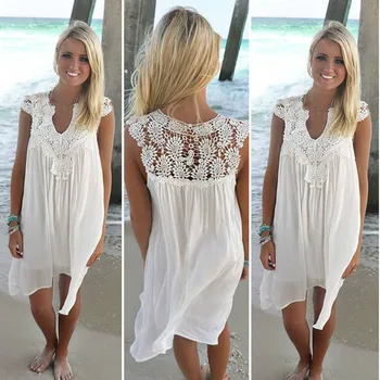 

Lace Patchwork Dress Summer Beach Vacation Solid Women Dress Sexy V Neck Sleeveless Hollow Out Loose Dress White Lady Mini Dress