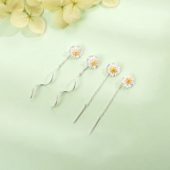 

Genuine 925 Sterling Silver Daisy Threader Earrings Cute Flower Pull Through Earrings for Women Girls Birthday Gifts