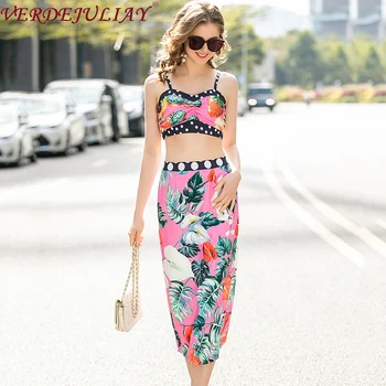 

VERDEJULIAY 2020 New Beach Style Pink Print Twinset Spaghetti Strap Short Fruit Tops + Floral Mid-Calf Pencil Skirt Women Set