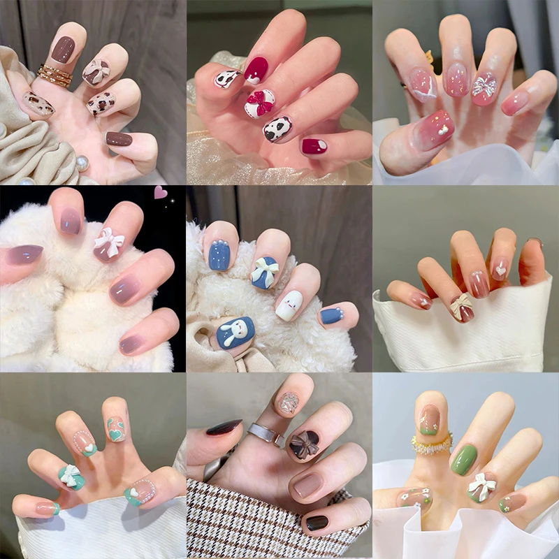 Transparent Colorful Bow Fake Nails Detachable Short Pearl Coffin False Nails Red Heart Press On Nails Lovely Full Cover Nails False Nails Aliexpress
