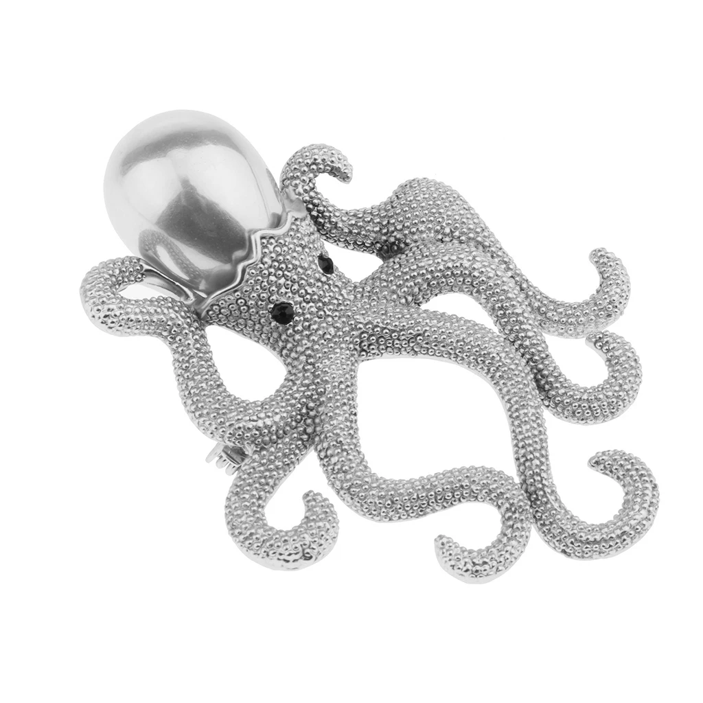 Tone Vintage Octopus Animal Pendant Brooch Pin Simulated Pearl Silver Gold 