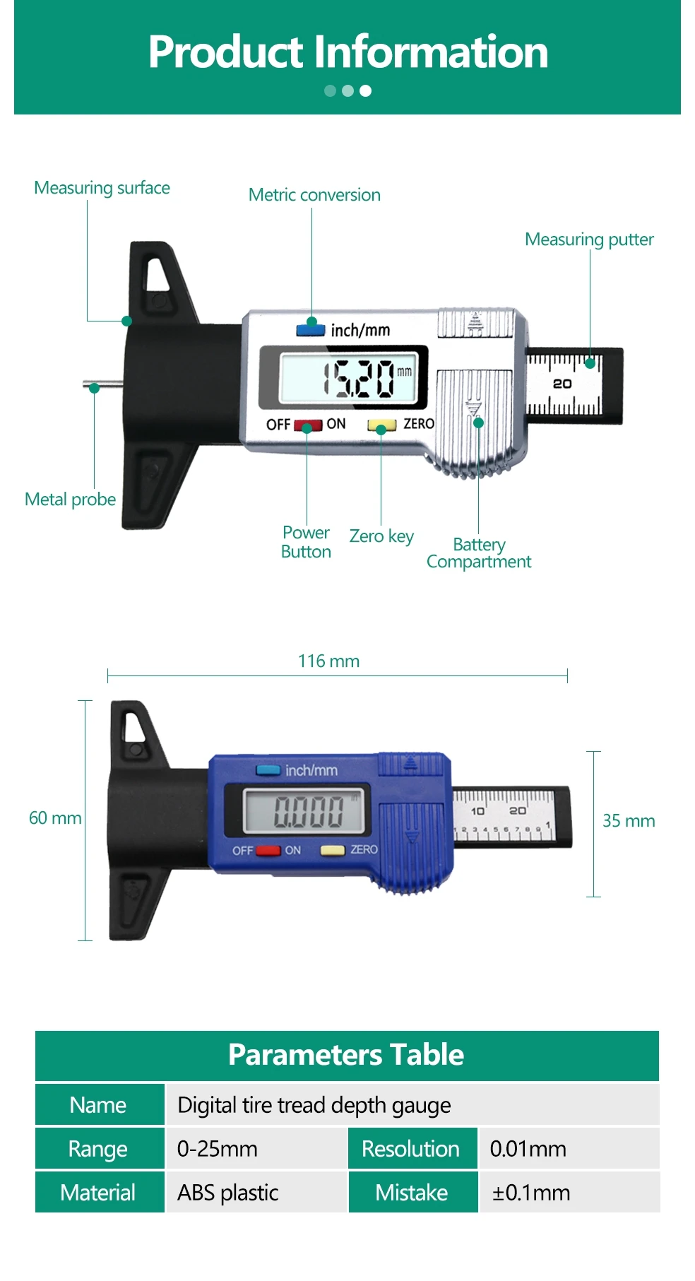 INGBONT Tyre Tire Tread Gauge Precise Car Tire Depth Thickness Meter Detection Bike Motor Truck Check Tester Measuring Tool