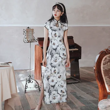 

Slim Lady Vintage Qipao Rayon Print Flower High Split Sexy Cheongsam Veatidso Mandarin Collar Gray Evening Party Dress Gown