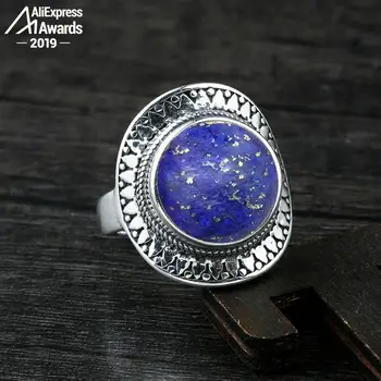 

10*10mm 6.18 Sale S925 Sterling Silver Asia Lapis Rings Exaggerated Rings Chinatown Afghanistan Retro Gemstone