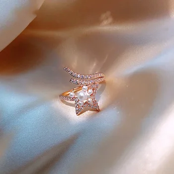 

2020 European American Exaggeration Pentagram Star Pearl Ring Female Fashion Personality Light Luxury Ring Opening Ring