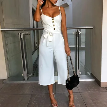 

Rompers Womens Jumpsuit 2020 Sexy V neck Lace Up Summer Jumpsuits Button Elegant Slim Ladies Wide Leg Spaghetti Strap Overalls