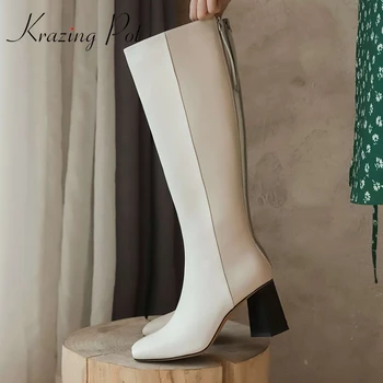 

Krazing Pot hot mixed colors square toe high heel riding boots winter keep warm young lady daily wear zipper knee-high boots L13