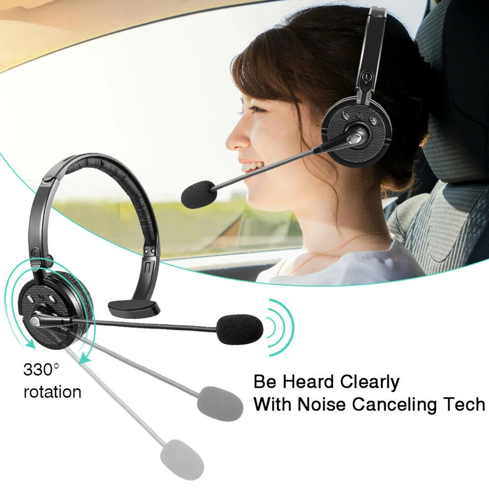 Wireless Bluetooth Headset Single Earpiece Headphone No Noise Over The Head Boom Mic Earphone For Drivers