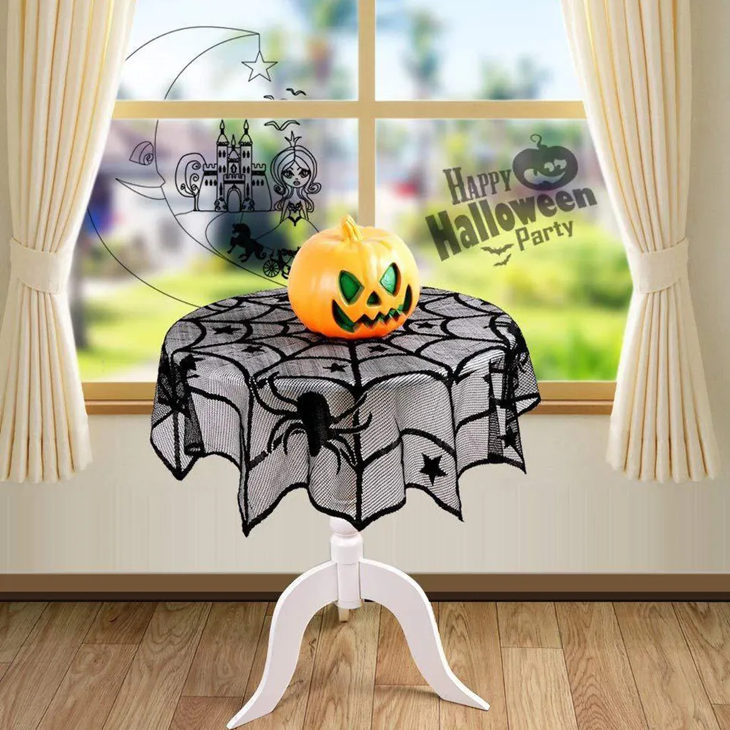 

Halloween 100cm Halloween Tablecloth Spiderweb Tablecloth Black Lace Bat Spider Party Table Decor Curtain 8#P6