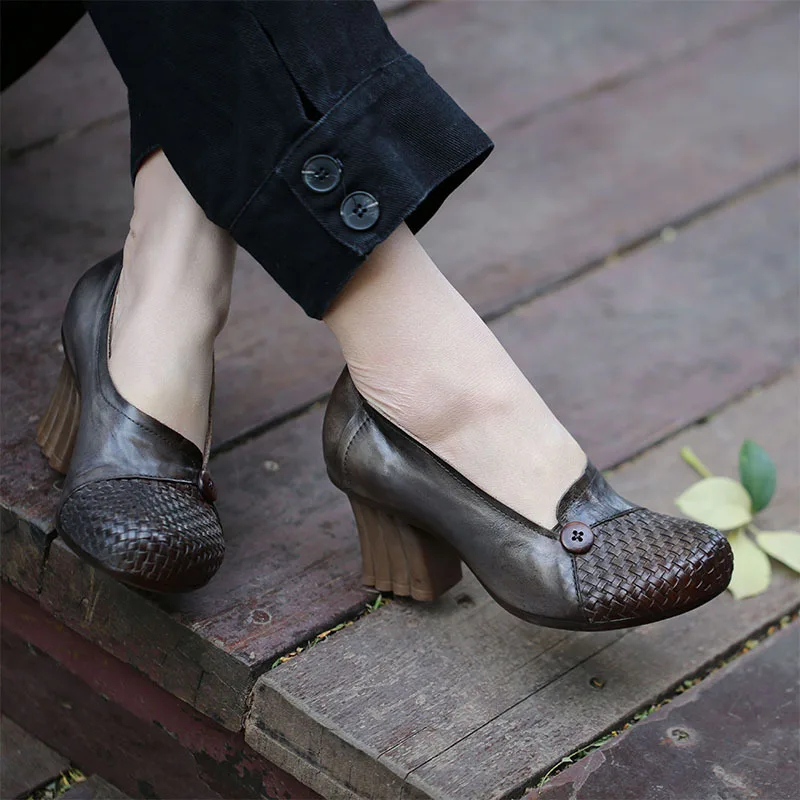 Tyawkiho/женские туфли-лодочки из натуральной кожи; коллекция года; сезон весна; обувь без застежки; обувь на высоком каблуке 6 см; серые брендовые кожаные туфли-лодочки ручной работы в стиле ретро