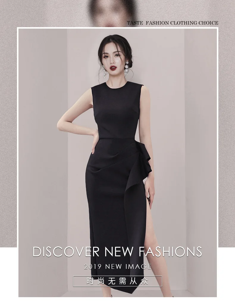 Spring and summer new fashion European and American women's round neck temperament waist slim Slim long dress