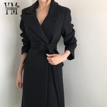 Модное черное Бандажное Женское пальто, хорошее качество, Элегантное длинное шерстяное пальто, Осень-зима, женская верхняя одежда, Блейзер, куртка