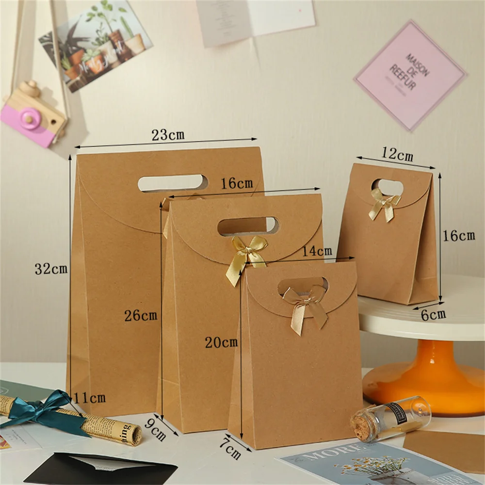 1PC Kraft Paper Gift Bags Bow Knot Tote Bag Festival Wedding Party Cookie Candy Packaging Box Ramadan Favors Supplies 30pcs classical kraft blank paper envelopes wedding invitation business envelope gift letter supplies 16 11cm