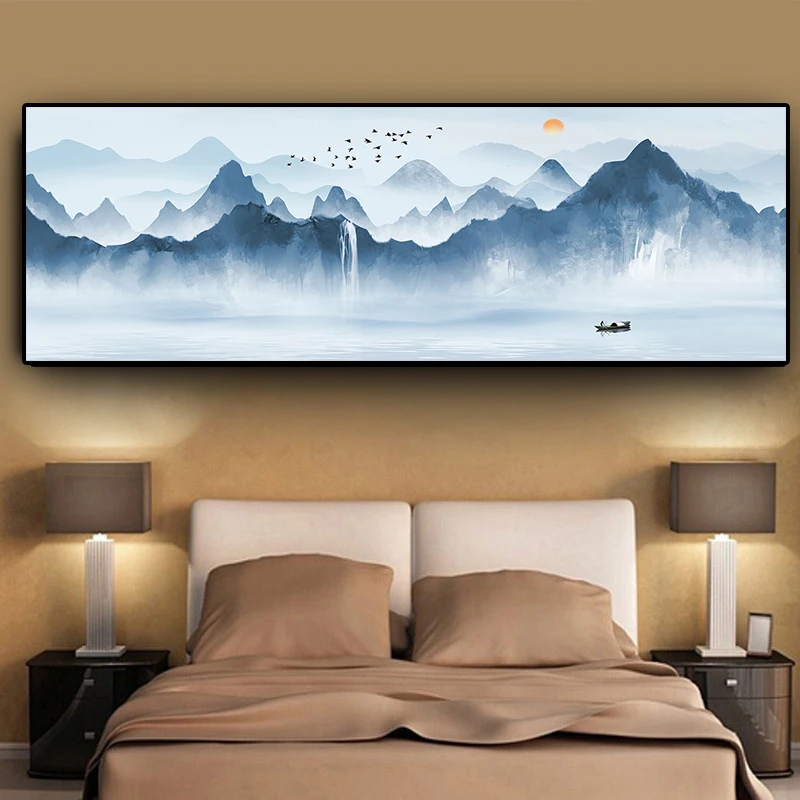Абстрактная картина горная лодка озеро панорама пейзаж холст живопись скандинавские плакаты и репродукции, настенное искусство картина для гостиной