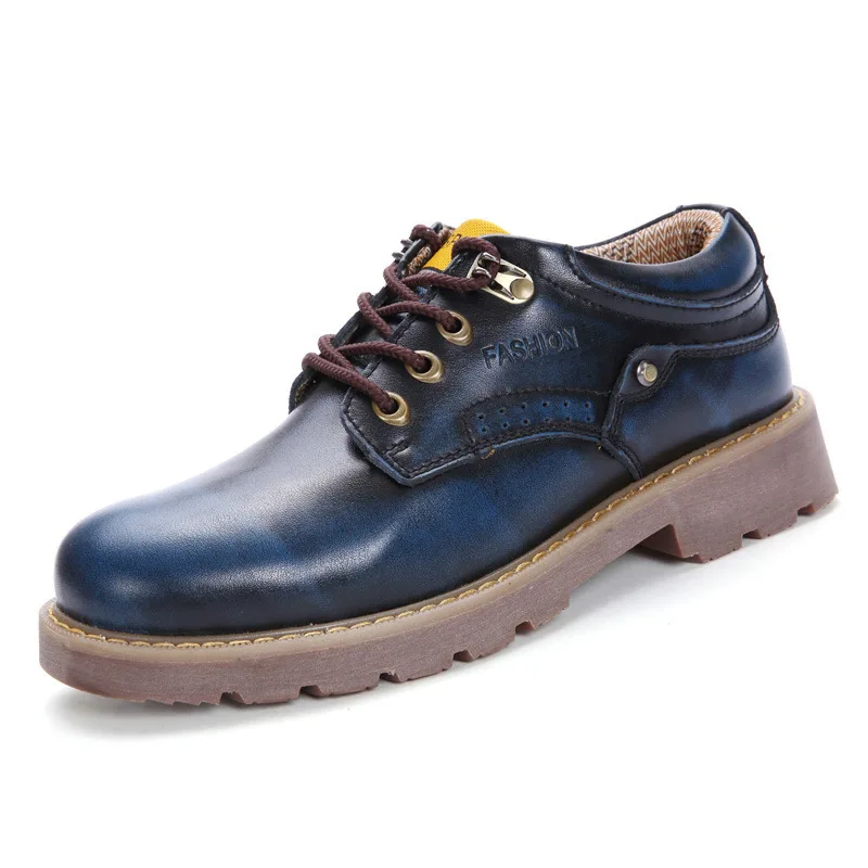 

Men's breathable leather boots brown blue wipe color tide shoes men's work tooling shoes
