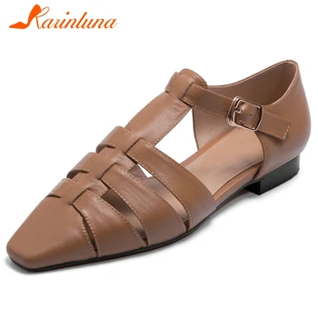 

Karinluna Fashion 2020 Genuine Leather Casual Sandals Woman Shoes Buckle Strap Chunky Low Heels Elegant Shoes Women Sandals