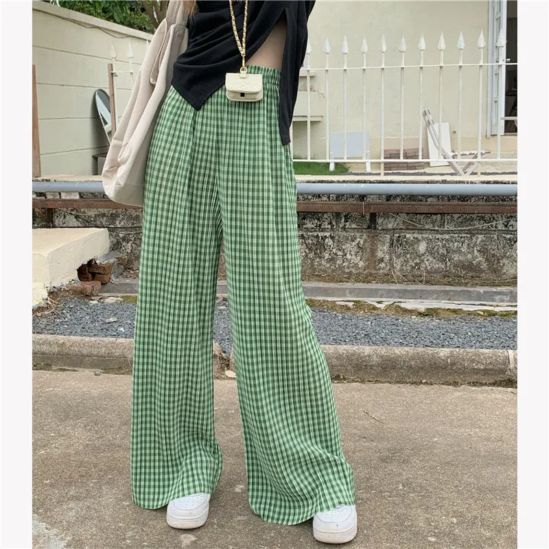 

Limiguyue Summer Split Green Plaid Pants Women Fashion Straight Trousers High Waist Draping Thin Wide Leg Pants Jogging K2264